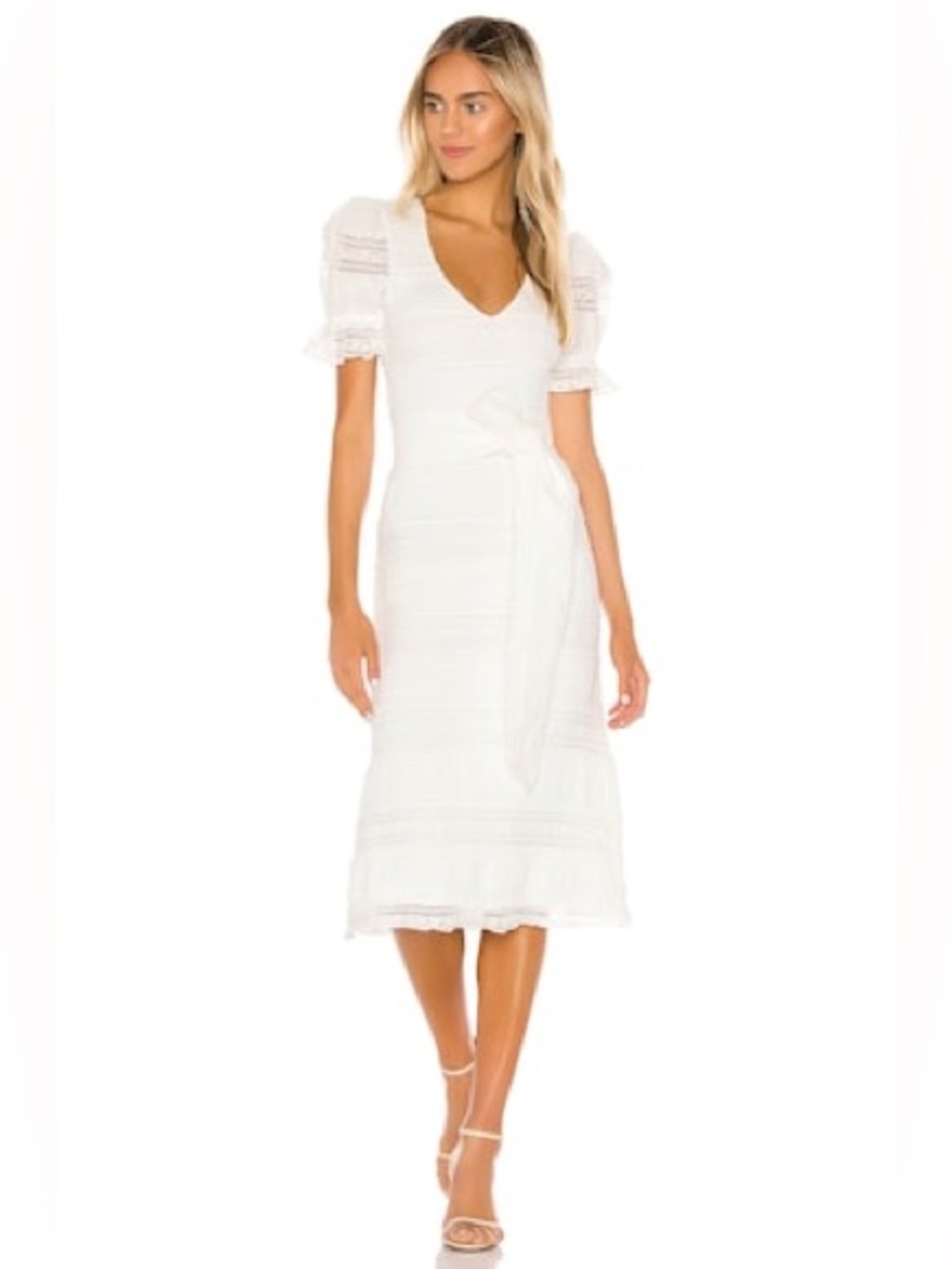 Tularosa Quinn Midi Dress Cream Boho Ruffle Puff Shoulder Belted Bridal Wedding